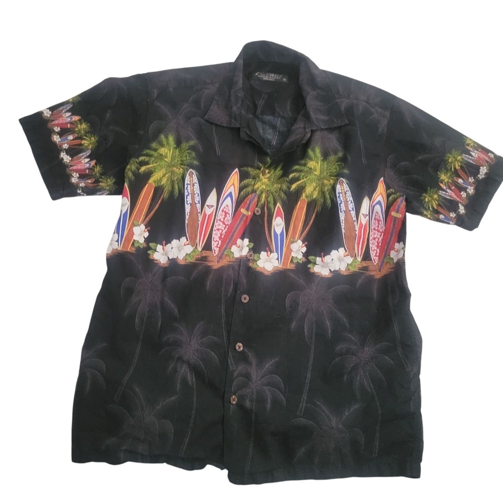 Vintage Favant Hawaiian Surfboard Palm Tree Print Shirt 100% Cotton M surfer